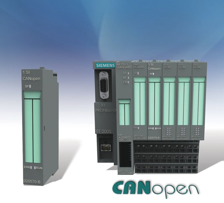 ET200S-järjestelmän mukainen CANopen-moduuli yhdistää Siemensin automaatio- ja ohjausjärjestelmät CANopen-laitteisiin